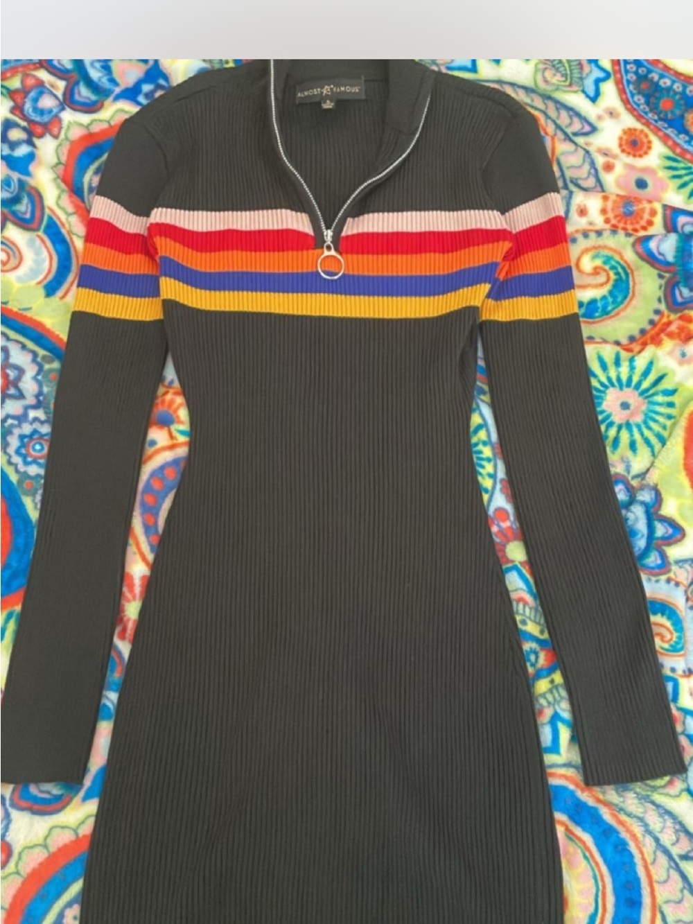 Almost Famous Black Ribbed Zip-Front Dress with Multi-Color Stripes